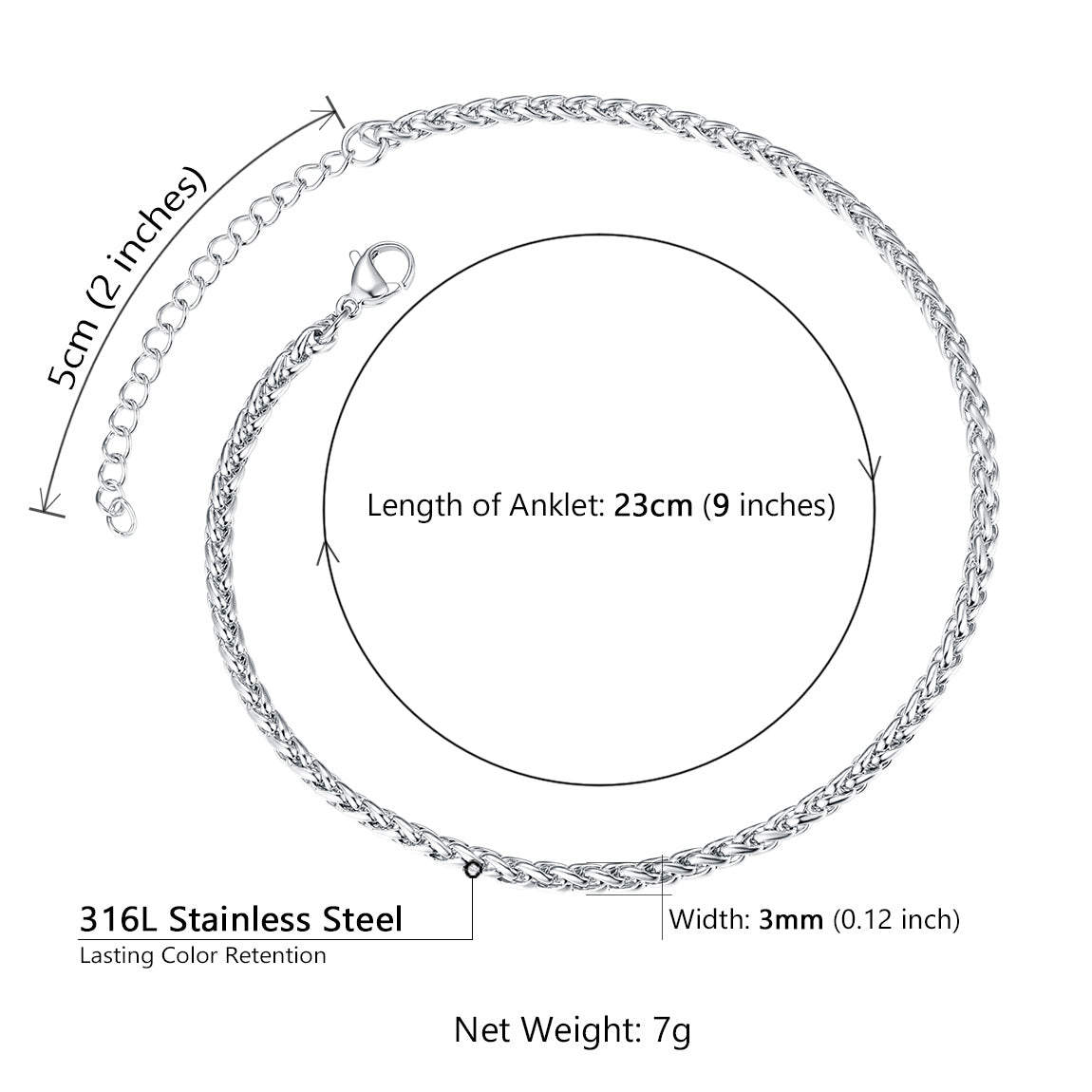 Anklet Chain for Women Men, 316L Stainless Steel Wheat Foot Bracelet Strong with Good Clasp