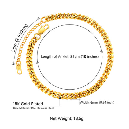Gold Ankle Bracelets for Women Cuban Link Anklet Chain 18K Gold Plated Summer Bitch Jewelry