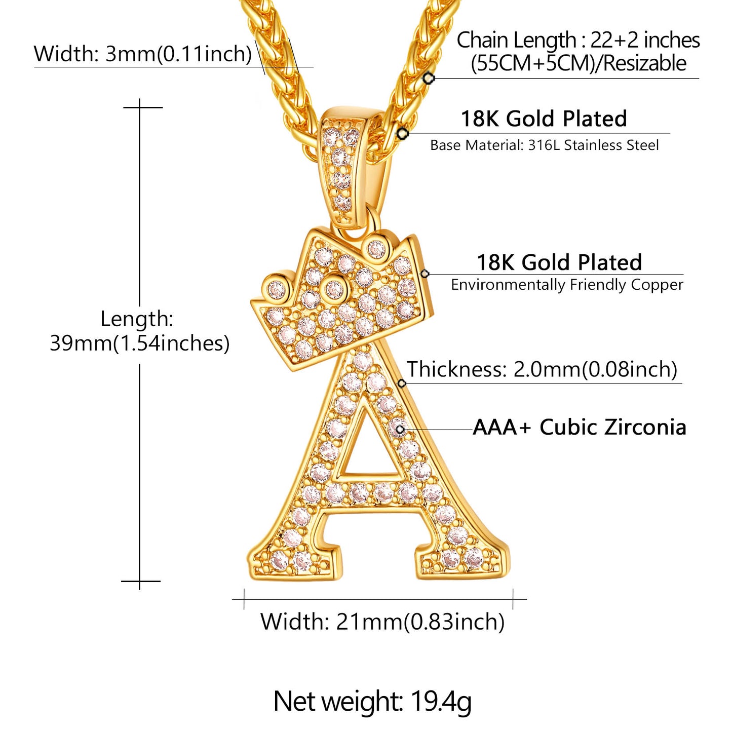 Bling Crown Initial Pendant Necklace 18K Gold Plated Men/Women Cubic Zirconia M Alphabet