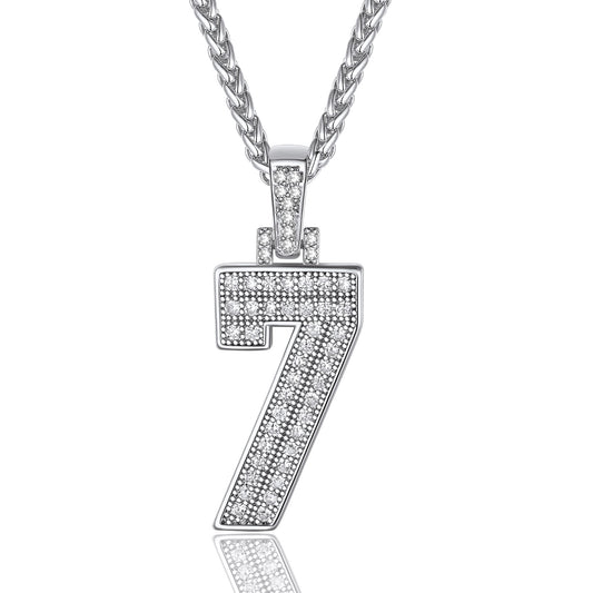 ChainsPro Men Cubic Zirconia 0-9 Number Pendant, Lucky Jewelry Necklace, Silver Color