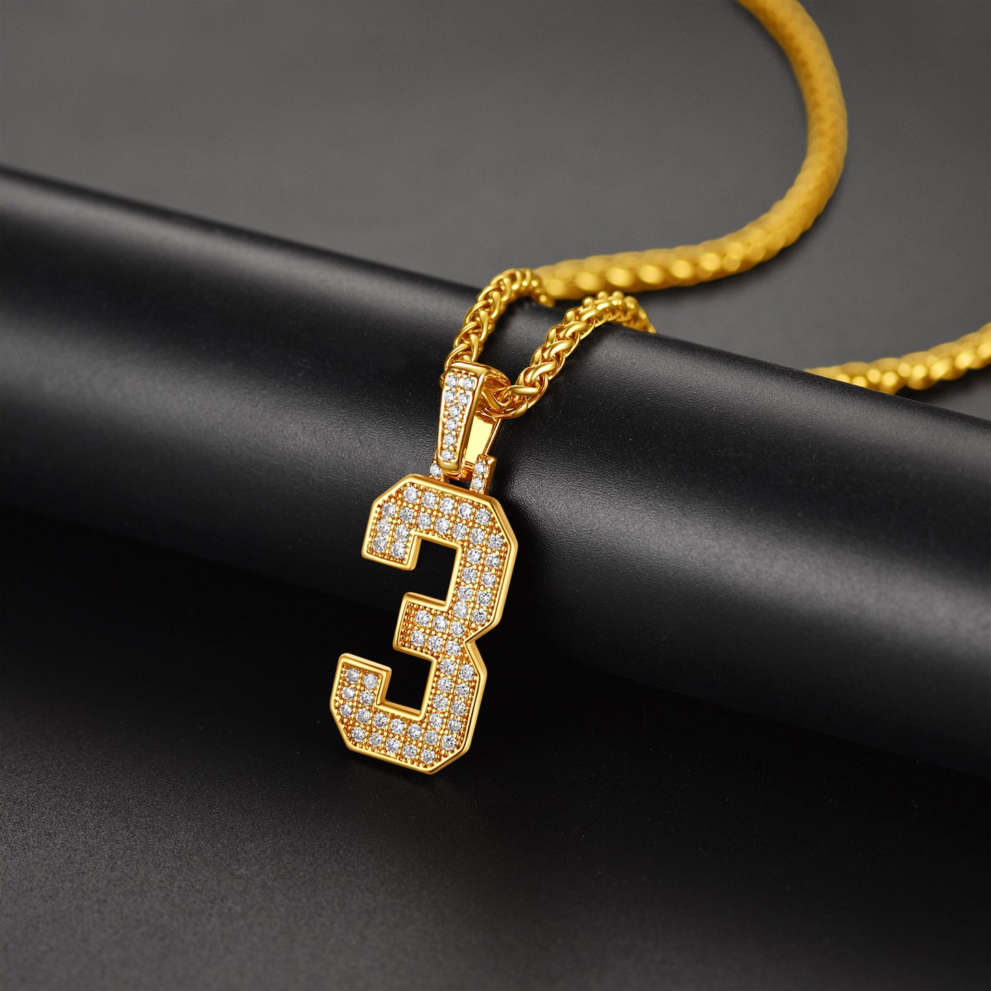 ChainsPro Men Cubic Zirconia 0-9 Number Pendant, Lucky Jewelry Necklace, Gold Plated