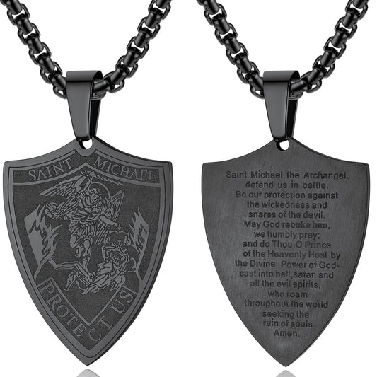 Men Necklace Saint Michael Pendant Full Prayer 316L Stainless Steel Black Medallion