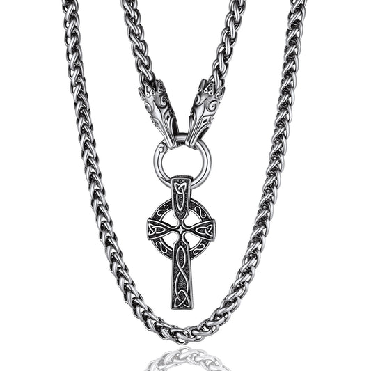 Men Chunky Viking Celtic Necklace, with 28inches Chain, Stainless Steel Norse Viking Jewelry