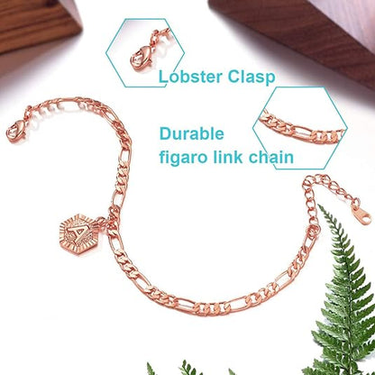 ChainsPro Women A Initial Ankle Bracelet, with Figaro Foot Chain, Friendship Anklets, Rose Gold Adjustable
