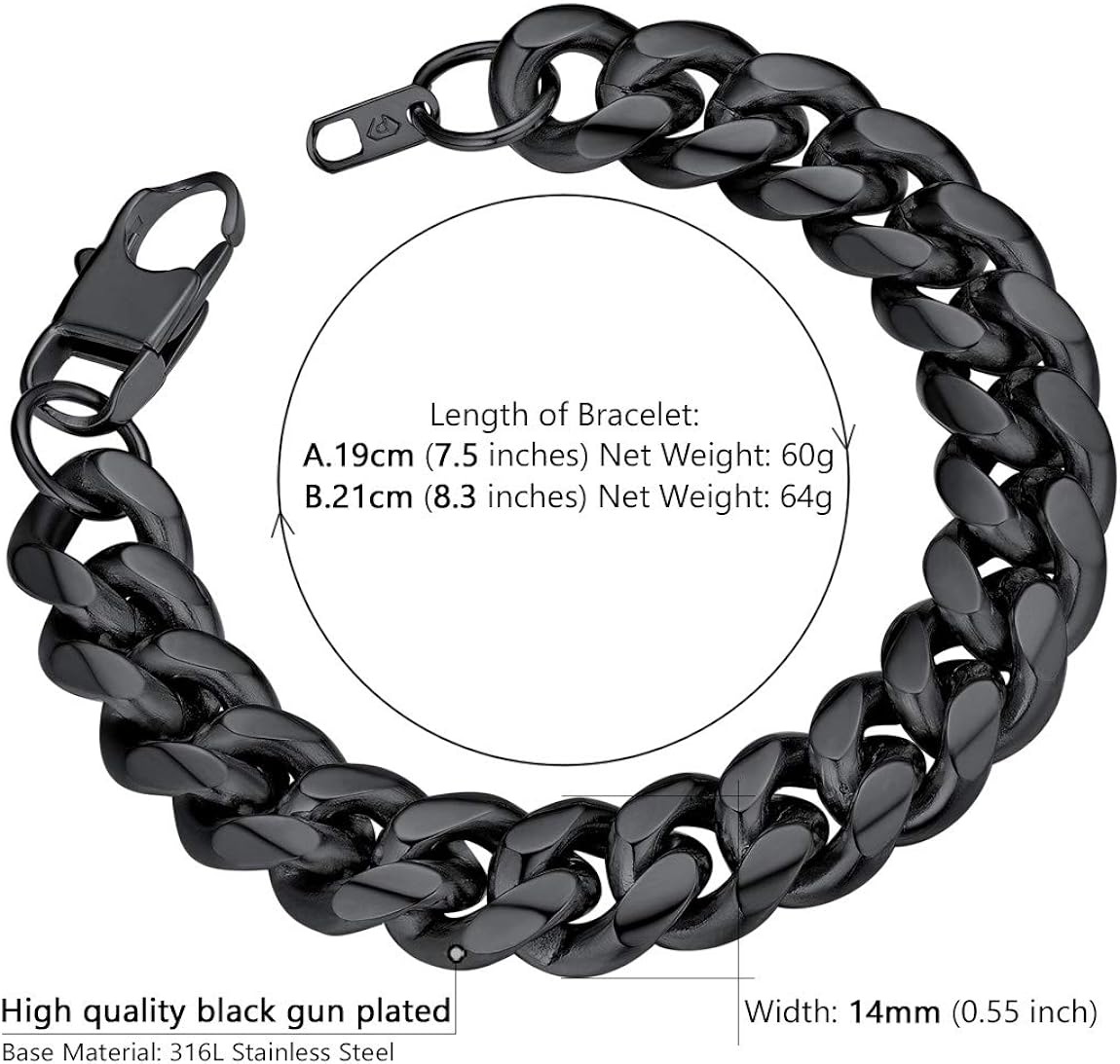 Chunky Chain Bracelet Mens Black Bracelet Miami Cuban Link Chain Bracelet 14MM Black Hand Chain