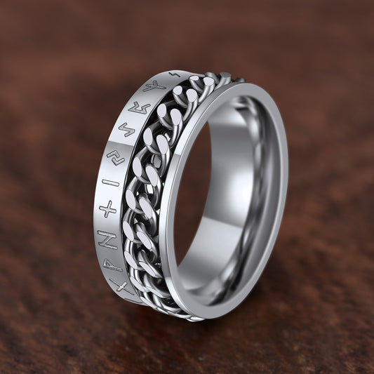 ChainsPro Viking Rune Spinner Rings for Men/Women, Size #7-#14 Chain Link Fidget Ring, Black