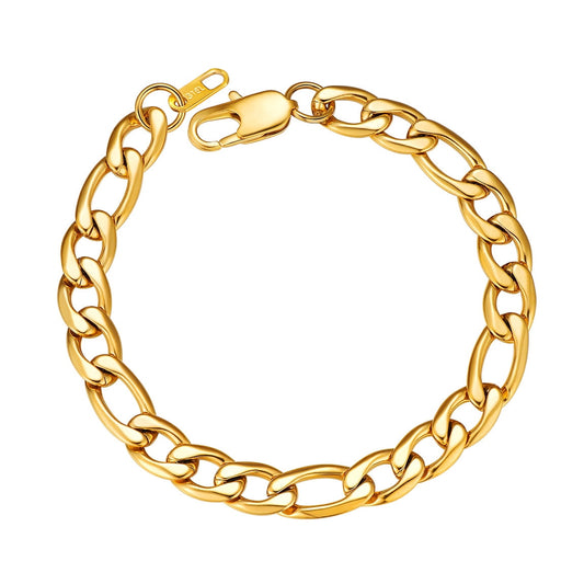 Gold Mens Bracelets 9mm 8.3inch 18K Gold Plated Figaro Chain Link Wrist Bracelet Dad Gift