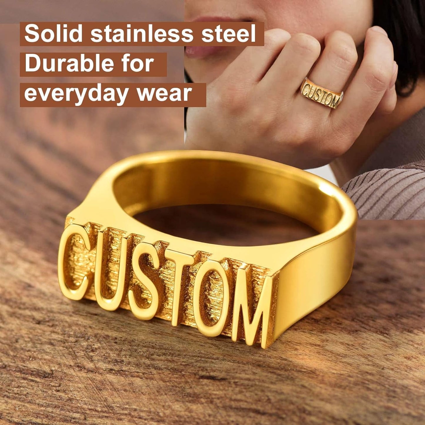 ChainsPro Men/Women Personalized Name Ring Initial Rings, Customized Name Gift, Stainless Steel/Gold Plated/Black-Send Gift Box