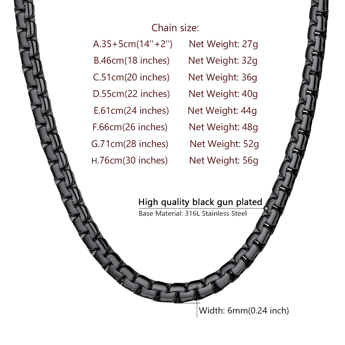 Black Flat Box Chain Male Necklace 14-30 Inch 4/6mm Hip Hop Jewelry