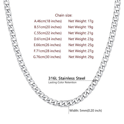 ChainsPro 5mm Men Chain Silver Tone Stainless Steel Curb Cuban Link Necklace Gift