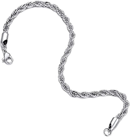 Men Rope Chain Bracelet, 3mm Width, 21CM, 316L Stainless Steel