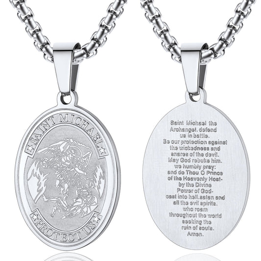 Men Necklace Saint Michael Pendant Full Prayer 316L Stainless Steel Medallion