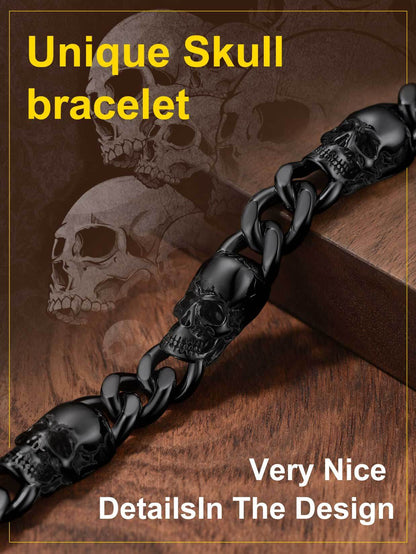 ChainsPro Men Cuban Link Bracelet Skull Bracelets, Stainless Steel/Gold Plated/Black