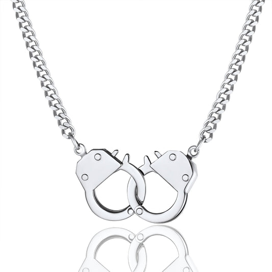 ChainsPro Punk Handcuff Steel Necklace for Men Women, Partners in Crime Cuban Link Chain, 14/18inch