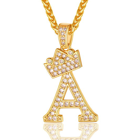 Bling Crown Initial Pendant Necklace 18K Gold Plated Men/Women Cubic Zirconia M Alphabet