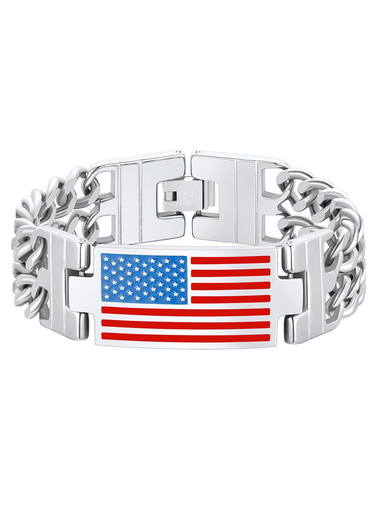 ChainsPro Men Cuban Link Chain Bracelet, American Flag Bracelet, Stainless Steel Mens Gift