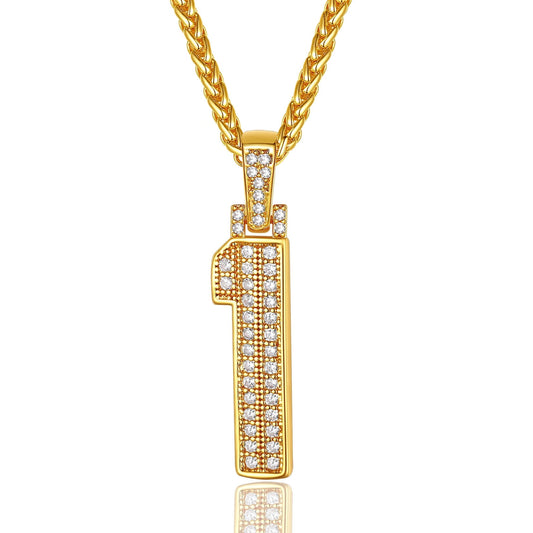 ChainsPro Men Cubic Zirconia 0-9 Number Pendant, Lucky Jewelry Necklace, Gold Plated