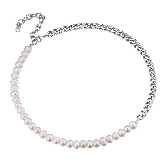 ChainsPro Pearl Choker Necklaces for Men Women, Half Pearl Half Cuban Chain Necklace, Stainless Steel/Gold Plated/Black