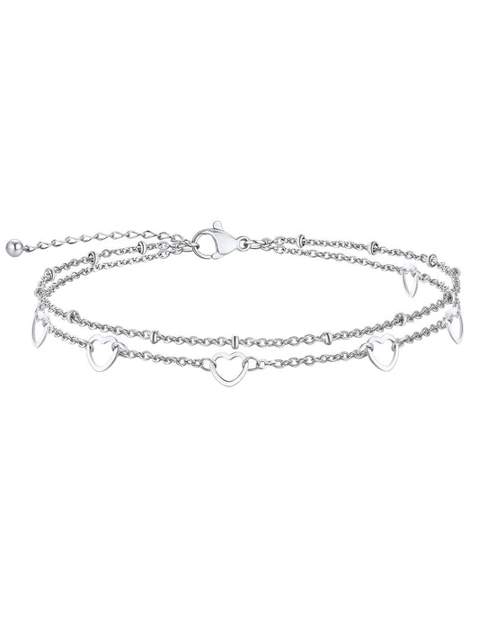 ChainsPro Stainless Steel Chain Anklets for Men Women, 6 Heart Layered Ankle Bracelets, Silver/Gold/Black Color