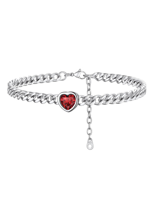 ChainsPro Women Heart Anklets 5MM Cuban Link Birthstone Ankle Bracelet Jewelry Gift, Stainless Steel