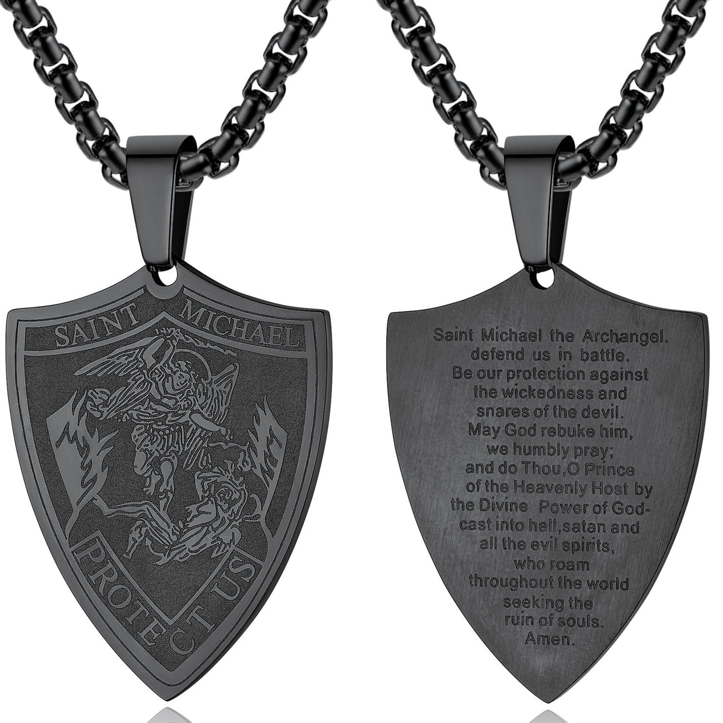 ChainsPro Men Necklace Saint Michael Pendant Full Prayer 316L Stainless Steel Black Medallion