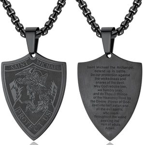 Men Necklace Saint Michael Pendant Full Prayer 316L Stainless Steel Black Medallion