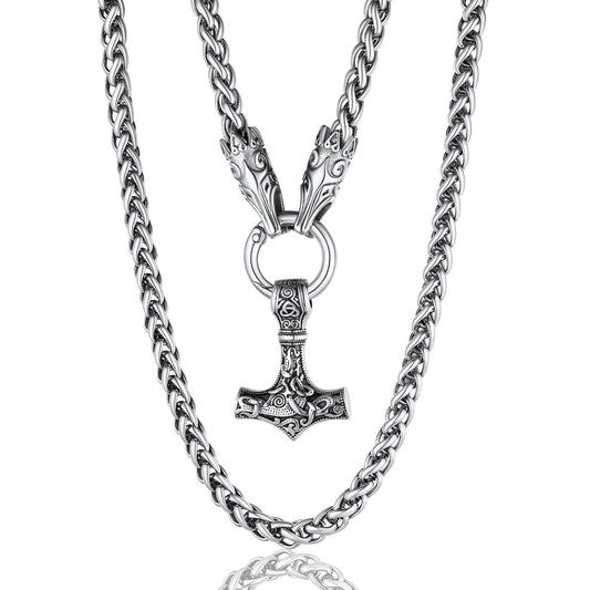 Men Chunky Viking Mjolnir Necklace, with 28inches Chain, Stainless Steel Norse Viking Jewelry