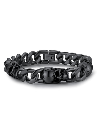 ChainsProMax Men Cuban Link Bracelet Skull Bracelets, Stainless Steel/Gold Plated/Black
