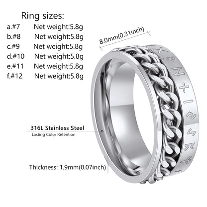 ChainsPro Viking Rune Spinner Rings for Men/Women, Size #7-#14 Chain Link Fidget Ring, Black