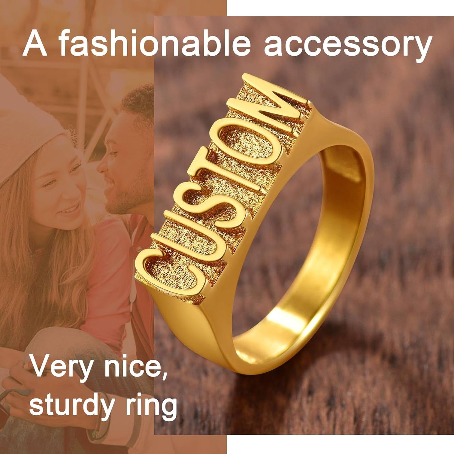 ChainsPro Men/Women Personalized Name Ring Initial Rings, Customized Name Gift, Stainless Steel/Gold Plated/Black-Send Gift Box