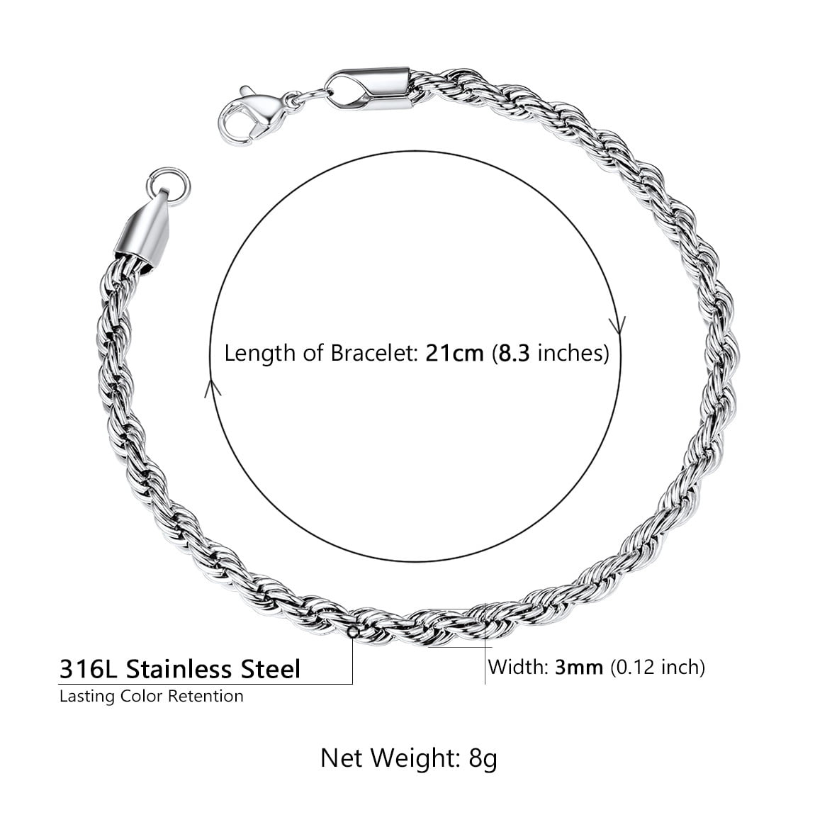 Men Rope Chain Bracelet, 3mm Width, 21CM, 316L Stainless Steel