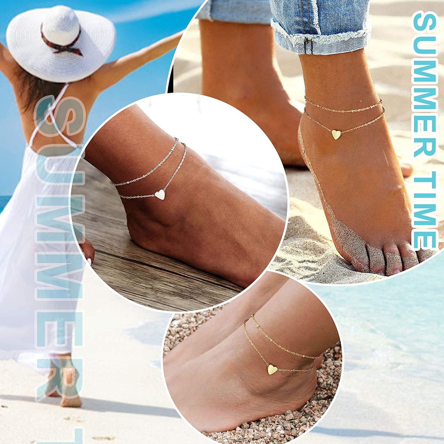 ChainsPro Ankle Bracelets for Women Layered Heart Charm Anklets Foot Chain Summer Boho Beach Gift