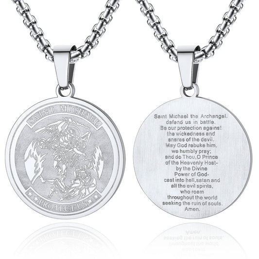 Men Saint Michael Pendant Necklace Full Prayer Stainless Steel Protection Archangel Medallion