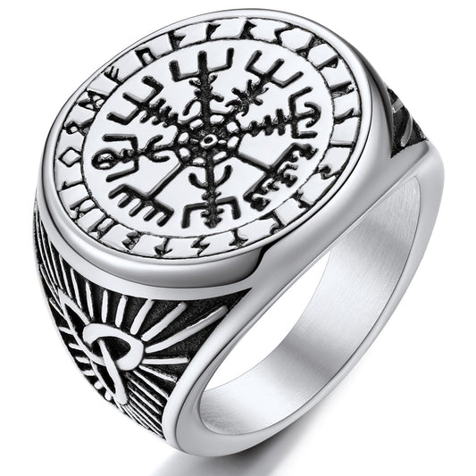 ChainsPro Men Nautical Compass Ring Norse Rune Spirit Rings Stainless Steel