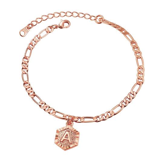 ChainsPro Women A Initial Ankle Bracelet, with Figaro Foot Chain, Friendship Anklets, Rose Gold Adjustable