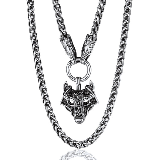 Men Chunky Viking Wolf Head Necklace, with 28inches Chain, Stainless Steel Norse Viking Jewelry