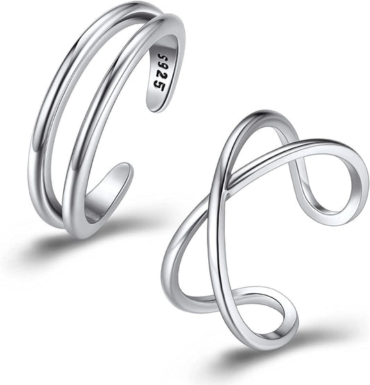 ChainsPro Womens Toe Rings Sterling Silver Beachy Ring 2 Pcs Adjustable Open 925 Silver Toe Rings Set
