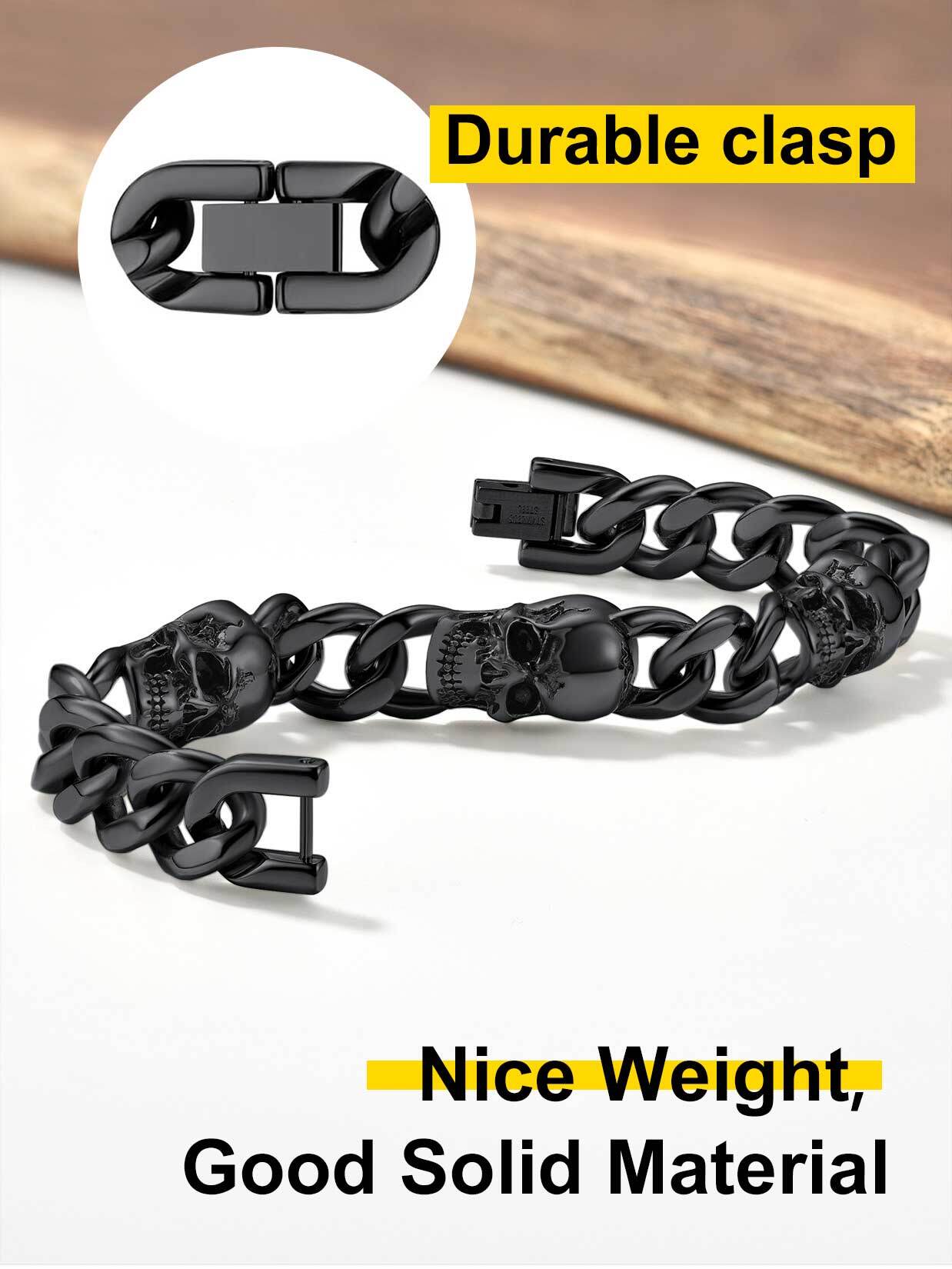 ChainsPro Men Cuban Link Bracelet Skull Bracelets, Stainless Steel/Gold Plated/Black